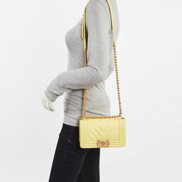 Chanel Yellow Chevron Quilted Lambskin Leather Small Boy Bag - Picture 3 of 9